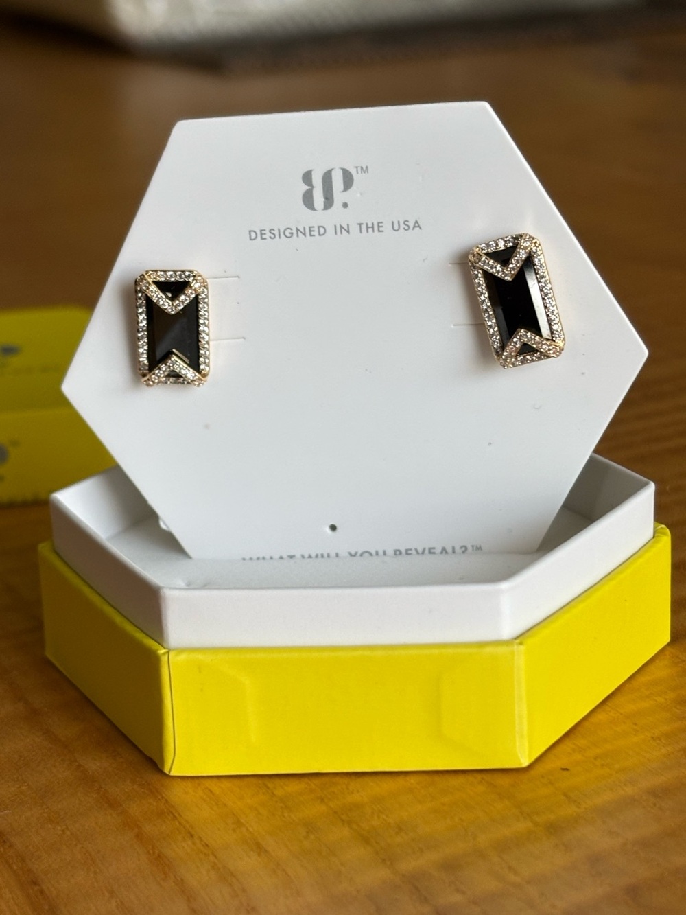 Bomb Party Time black onyx gold stud earrings hung by thread ER14675